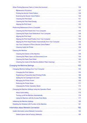 Page 4When Printing Becomes Faint or Colors Are Incorrect. . . . . . . . . . . . . . . . . . . . . . . . . . . . . . . . . . . . .   136Maintenance Procedure. . . . . . . . . . . . . . . . . . . . . . . . . . . . . . . . . . . . . . . . . . . . . . . . . . . . . . . . .  137
Printing the Nozzle Check Pattern. . . . . . . . . . . . . . . . . . . . . . . . . . . . . . . . . . . . . . . . . . . . . . . . .   139
Examining the Nozzle Check Pattern. . . . . . . . . . . . . . . . . . . . . . . . . . . . . . . . . ....