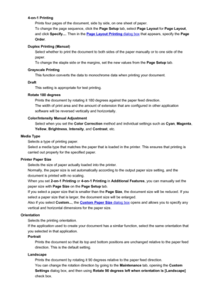 Page 3554-on-1 PrintingPrints four pages of the document, side by side, on one sheet of paper.
To change the page sequence, click the  Page Setup tab, select Page Layout  for Page Layout ,
and click  Specify... . Then in the 
Page Layout Printing dialog box  that appears, specify the  Page
Order .
Duplex Printing (Manual) Select whether to print the document to both sides of the paper manually or to one side of the
paper.
To change the staple side or the margins, set the new values from the  Page Setup tab....