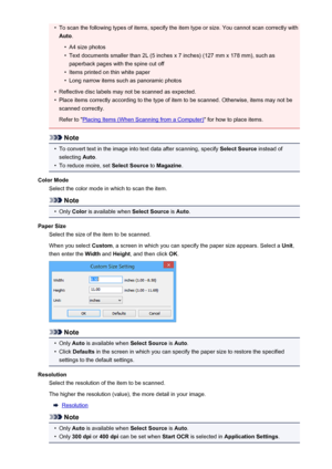 Page 454•To scan the following types of items, specify the item type or size. You cannot scan correctly withAuto .•
A4 size photos
•
Text documents smaller than 2L (5 inches x 7 inches) (127 mm x 178 mm), such as
paperback pages with the spine cut off
•
Items printed on thin white paper
•
Long narrow items such as panoramic photos
•
Reflective disc labels may not be scanned as expected.
•
Place items correctly according to the type of item to be scanned. Otherwise, items may not bescanned correctly.
Refer to...