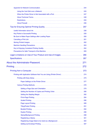 Page 6Appendix for Network Communication. . . . . . . . . . . . . . . . . . . . . . . . . . . . . . . . . . . . . . . . . . . . . . . . . .  244Using the Card Slot over a Network. . . . . . . . . . . . . . . . . . . . . . . . . . . . . . . . . . . . . . . . . . . . . . .   245
When the Printer Driver Is Not Associated with a Port. . . . . . . . . . . . . . . . . . . . . . . . . . . . . . . . .   247
About Technical Terms. . . . . . . . . . . . . . . . . . . . . . . . . . . . . . . . . . . . . . . . . . . . . ....