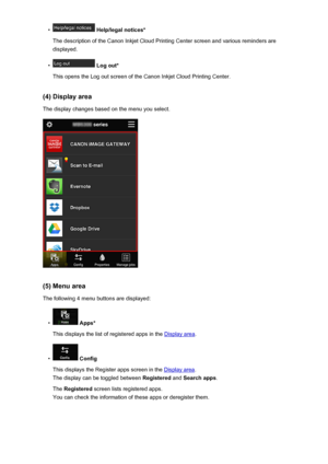 Page 55• Help/legal notices*
The description of the Canon Inkjet Cloud Printing Center screen and various reminders are displayed.•
 Log out*
This opens the Log out screen of the Canon Inkjet Cloud Printing Center.
(4) Display area The display changes based on the menu you select.
(5) Menu areaThe following 4 menu buttons are displayed:
•
 Apps*
This displays the list of registered apps in the 
Display area .
•
 Config
This displays the Register apps screen in the 
Display area .
The display can be toggled...