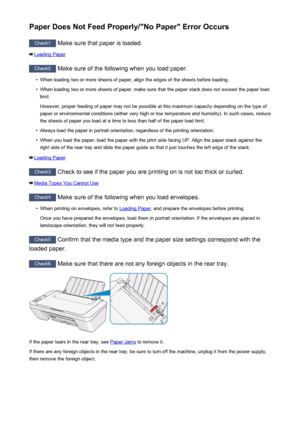 Page 610Paper Does Not Feed Properly/"No Paper" Error Occurs
Check1 Make sure that paper is loaded.
Loading Paper
Check2
 Make sure of the following when you load paper.
•
When loading two or more sheets of paper, align the edges of the sheets before loading.
•
When loading two or more sheets of paper, make sure that the paper stack does not exceed the paper load
limit.
However, proper feeding of paper may not be possible at this maximum capacity depending on the type of
paper or environmental conditions...