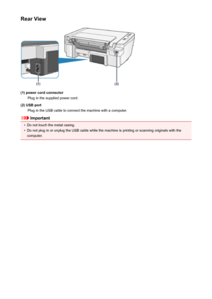 Page 94Rear View
(1) power cord connectorPlug in the supplied power cord.
(2) USB port Plug in the USB cable to connect the machine with a computer.
Important
•
Do not touch the metal casing.
•
Do not plug in or unplug the USB cable while the machine is printing or scanning originals with thecomputer.
94
 