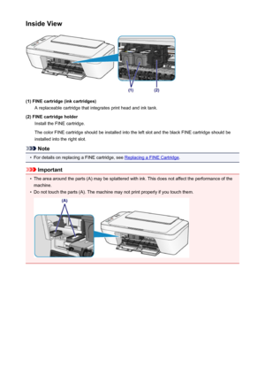 Page 95Inside View
(1) FINE cartridge (ink cartridges)A replaceable cartridge that integrates print head and ink tank.
(2) FINE cartridge holder Install the FINE cartridge.
The color FINE cartridge should be installed into the left slot and the black FINE cartridge should be
installed into the right slot.
Note
•
For details on replacing a FINE cartridge, see Replacing a FINE Cartridge .
Important
•
The area around the parts (A) may be splattered with ink. This does not affect the performance of the
machine.
•...