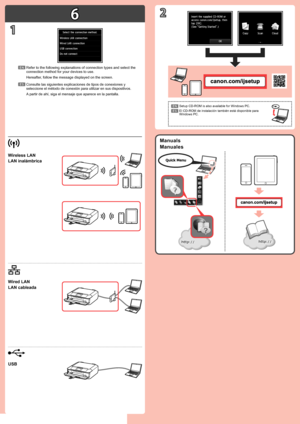 Page 46
USB
1
2
EN
ES
ES
EN
LAN inalámbrica
Manuales
LAN cableada
El CD-ROM de instalación también está disponible para 
Windows  PC.
Consulte las siguientes explicaciones de tipos de conexiones y 
seleccione el método de conexión para utilizar en sus dispositivos\
.
A partir de ahí, siga el mensaje que aparece en la pantalla.
Wireless LAN
Manuals
Wired LAN
Setup CD-ROM is also available for  Windows PC.
Refer to the following explanations of connection types and select the 
connection method for your devices...