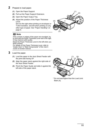 Page 1511
Before Using the Machine
2Prepare to load paper.
(1) Open the Paper Support.
(2) Pull out the Paper Support Extension.
(3) Open the Paper Output Tray.
(4) Adjust the position of the Paper Thickness 
Lever.
Set it to the right when printing on envelopes or 
T-shirt transfers, and left when printing on any 
other type of paper. See “Paper Handling” on 
page 8.
3Load the paper.
(1)Load the paper in the Auto Sheet Feeder with 
the print side facing UP.
(2) Align the paper stack against the right side of...