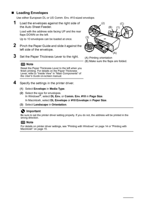 Page 1612Before Using the Machine
„Loading Envelopes
Use either European DL or US Comm. Env. #10-sized envelope.
1Load the envelopes against the right side of 
the Auto Sheet Feeder.
Load with the address side facing UP and the rear 
flaps DOWN on the left.
Up to 10 envelopes can be loaded at once.
2Pinch the Paper Guide and slide it against the 
left side of the envelope.
3Set the Paper Thickness Lever to the right.
4Specify the settings in  the printer driver.
(1)Select  Envelope  in Media Type .
(2) Select...