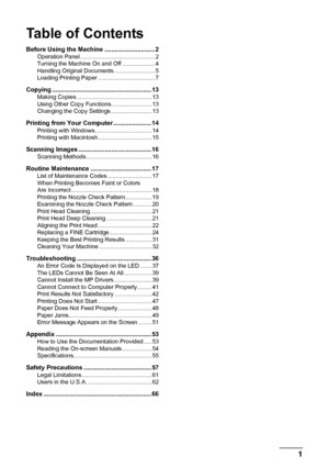 Page 5Table of Contents
1
Before Using the Machine ............................. 2Operation Panel .............................................. 2
Turning the Machine On and Off .................... 4
Handling Original Documents ......................... 5
Loading Printing Paper ................................... 7
Copying ......................................................... 13Making Copies .............................................. 13
Using Other Copy Functions......................... 13
Changing...