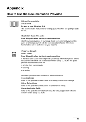 Page 5753
Appendix
Appendix
How to Use the Documentation Provided
Printed Documentation
Setup Sheet
Be sure to read this sheet first.
This sheet includes instru ctions for setting up your machine and getting it ready 
for use.
Quick Start Guide  (This guide)
Read this guide when starting to use the machine.
After following instructions in your  setup sheet, we recommend you read this 
guide to familiarize yourself with the basic operation of some of the main 
functions that can be performed on your machine....