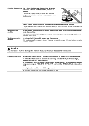 Page 6258Safety Precautions
Cleaning the machine Use a damp cloth to clean the machine. Never use 
flammable solvents such as alcohol, benzene or 
thinners.
If flammable solvents come in contact with electrical 
components inside the machine, it could cause a fire or 
electric shock.
Always unplug the machine from the power outlet before cleaning the machine.
If you accidentally switch the machine on while cleaning it, you could injure yourself or damage the 
machine.
Maintaining the 
machine Do not attempt to...