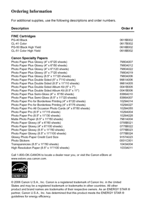 Page 127Getting Help from Canon
Help Us Help You Better
Before you contact Canon, please record the following information.
Serial Number (located on the inside of the product):
Model Number (located on the front of the product):
Setup CD-ROM number (located on the CD-ROM):
Purchase Date:
Customer Technical Support Sequence*
1.Internet - www.canontechsupport.com
For quick and comprehensive self-help in an intuitively guided interactive trouble-
shooting environment, the place to start is our helpful tech support...