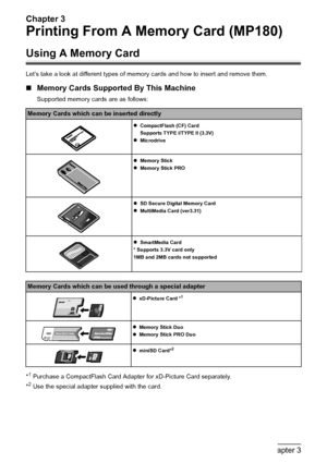 Page 38Chapter 3
36Chapter 3Printing From A Memory Card (MP180)
Printing From A Memory Card (MP180)
Using A Memory Card
Let’s take a look at different types of memory cards and how to insert and remove them.
„Memory Cards Supported By This Machine
Supported memory cards are as follows:
*
1 Purchase a CompactFlash Card Adapter for xD-Picture Card separately.
*2 Use the special adapter supplied with the card.
Memory Cards which can be inserted directly
zCompactFlash (CF) Card
Supports TYPE I/TYPE II (3.3V)...