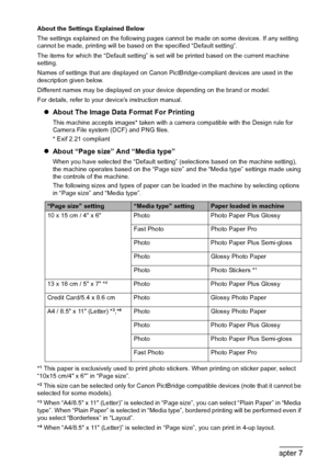 Page 6462Chapter 7Printing Photographs Directly From A Digital Camera
About the Settings Explained Below
The settings explained on the following pages cannot be made on some devices. If any setting 
cannot be made, printing will be based on the specified “Default setting”.
The items for which the “Default setting” is set will be printed based on the current machine 
setting.
Names of settings that are displayed on Canon PictBridge-compliant devices are used in the 
description given below.
Different names may...