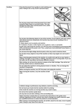 Page 86
Handling Close the Document Cover gently to avoid catching your 
hand. Failing to do so may result in personal injury.
Do not press down hard on the Document Cover when 
using the Platen Glass to scan thick books. This may 
damage the Platen Glass and Document Cover, and/or 
result in personal injury.
Do not place the following objects on top of the machine. If such objects come into contact 
with internal electrical components, the machine may short-circuit, resulting in fire or 
electrical shock....