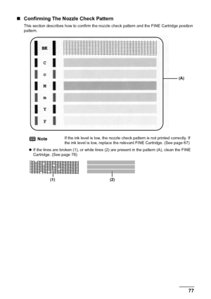 Page 79Chapter 9 77Routine Maintenance
„Confirming The Nozzle Check Pattern
This section describes how to confirm the nozzle check pattern and the FINE Cartridge position 
pattern.
zIf the lines are broken (1), or white lines (2) are present in the pattern (A), clean the FINE 
Cartridge. (See page 78)
NoteIf the ink level is low, the nozzle check pattern is not printed correctly. If 
the ink level is low, replace the relevant FINE Cartridge. (See page 67)
(A)
(1) (2)
 