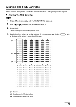 Page 81Chapter 9 79Routine Maintenance
Aligning The FINE Cartridge
If ruled lines are misaligned or a printout is unsatisfactory, FINE Cartridge Alignment is required.
„Aligning The FINE Cartridge
1Press [Menu] repeatedly until  appears.
2Use [ ] or [ ] to select .
3Press [OK].
The machine prints the head alignment sheet.
4Beginning from column A on the printout, fill in the appropriate circles ( ) with 
a dark pencil to select the most solid image.
(1)Column A
(2)Good example (Most solid box)
(3)Bad example...