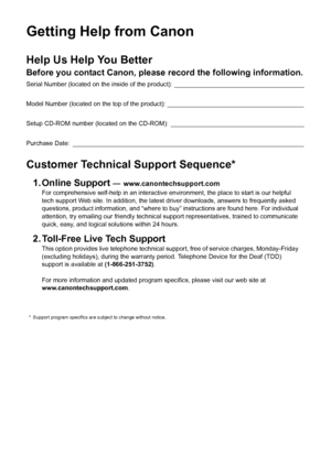 Page 2Getting Help from CanonHelp Us Help You BetterBefore you contact Canon, please record the following information.Serial Number (located on the inside of the product): _____________________________________
Model Number (located on the top of the product): _______________________________________
Setup CD-ROM number (located on the CD-ROM): ______________________________________
Purchase Date: __________________________________________________________________Customer Technical Support Sequence*1. Online...