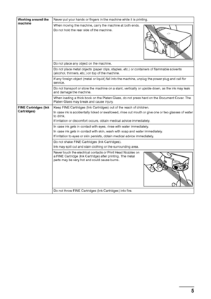 Page 95 Safety Precautions
Working around the 
machineNever put your hands or fingers in the machine while it is printing.
When moving the machine, carry the machine at both ends.
Do not hold the rear side of the machine.
Do not place any object on the machine.
Do not place metal objects (paper clips, staples, etc.) or containers of flammable solvents 
(alcohol, thinners, etc.) on top of the machine.
If any foreign object (metal or liquid) fall into the machine, unplug the power plug and call for 
service.
Do...