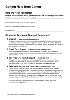 Page 2Getting Help from CanonHelp Us Help You BetterBefore you contact Canon, please record the following information.Serial Number (located on the inside of the product): _____________________________________
Model Number (located on the top of the product): _______________________________________
Setup CD-ROM number (located on the CD-ROM): ______________________________________
Purchase Date: __________________________________________________________________Customer Technical Support Sequence*1. Internet...