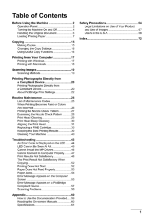 Page 5Table of Contents
1
Before Using the Machine ............................. 2Operation Panel .............................................. 2
Turning the Machine On and Off .................... 4
Handling the Original Document ..................... 6
Loading Printing Paper ................................... 7
Copying ......................................................... 15Making Copies .............................................. 15
Changing the Copy Settings ......................... 16
Using...