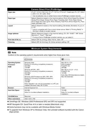 Page 6662Appendix
zOmniPage SE: Windows 2000 Professional SP2 and SP3 not supported
zMP Navigator EX: QuickTime v6.4 or later is needed (Macintosh only)
zSome functions may not be available with Windows Media Center
zTo upgrade from Windows XP to Windows Vista, first uninstall software bundled with the Canon 
inkjet printer. 
Camera Direct Print (PictBridge)
Paper size4 x 6 / 101.6 x 152.4 mm, 5 x 7 / 127.0 x 177.8 mm*, Credit card, 8 x 10 / 203.2 
x 254.0 mm, A4, Letter, Wide*
* Can be selected only on certain...