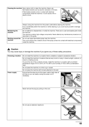 Page 6965 Safety Precautions
Cleaning the machineUse a damp cloth to clean the machine. Never use 
flammable solvents such as alcohol, benzene or thinners.
If flammable solvents come in contact with electrical 
components inside the machine, it could cause a fire or 
electric shock.
Always unplug the machine from the power outlet before cleaning the machine.
If you accidentally switch the machine on while cleaning it, you could injure yourself or damage 
the machine.
Maintaining the 
machineDo not attempt to...