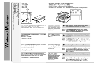 Page 24Serial No. * * * * * * * * *
B

Informasi Penting untuk Instalasi
Port USB
□
Ketika layar  Koneksi Pencetak(Printer Connection) 
muncul, hubungkan mesin ke komputer dengan kabel USB. 
Setelah menghubungkan kabel, HIDUPKAN MESIN. 
 
Port USB terletak di sebelah kanan mesin.
Informasi yang Diperlukan untuk Pendaftaran Pengguna(User Registration)\
□
Jika daya dinyalakan, Penahan Kartrij FINE akan bergerak 
ketika Unit Pemindaian (Penutup) (B) dibuka.
•Ketika nomor seri tidak 
ditampilkan pada...