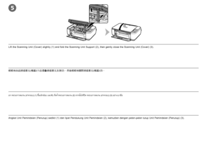 Page 82
1
3
5

Angkat Unit Pemindaian (Penutup) sedikit (1) dan lipat Pendukung Unit Pemindaian (2), kemudian dengan pelan-pelan tutup Unit Pemindaian (Penutup) (3).
ยก หน่วยการสแกน (ฝาครอบ) (1) ขึ้นเล็กน้อย และพับ สิ่งค้ำหน่วยการสแกน (2) จากนั้นให้ปิด หน่วยการสแกน (ฝาครอบ) (3) อย่างเบามือ 
輕輕地抬起掃描單元(機蓋)(1)並摺疊掃描單元支架(2)，然後輕輕地關閉掃描單元(機蓋)(3)。
Lift the Scanning Unit (Cover) slightly (1) and fold the Scanning Unit Support (2), then gently close the Scanning Unit (Cover) (3).
 