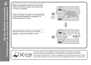 Page 246

Configuración de una conexión inalámbrica
Antes de conectar el equipo a la red, asegúrese 
de que estén conectados el ordenador y el 
punto de acceso o el router.
Agregue, o conecte, el equipo a la red.
Internet Punto de acceso 
o

 router inalámbrico, 
etc.
No se admite la “conexión ad-hoc”, es decir, la que establece una conexión directa al ordenador a través 
de una conexión inalámbrica sin utilizar un punto de acceso. Asegúrese de preparar un punto de acceso.
Set Up a Wireless...