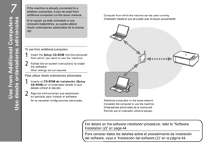 Page 587

Uso desde ordenadores adicionales
Si el equipo ya está conectado a una 
conexión inalámbrica, se puede utilizar 
desde ordenadores adicionales de la misma 
red.
Inserte el CD-ROM de instalación (Setup 
CD-ROM)  en el ordenador desde el que 
desee utilizar el equipo.1
No se necesitan configuraciones adicionales.
Siga las instrucciones que aparezcan 
en  pantalla para instalar el software.2
Para utilizar desde ordenadores adicionales
Ordenador desde el que se puede usar el equipo actualmente...