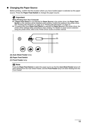 Page 1511
Before Printing
„ Changing the Paper Source
Before printing, confirm that the location where you have loaded paper is selected as the paper 
source. Press the  Paper Feed Switch  to change the paper source.
(A)  Auto Sheet Feeder  lamp
(B)  Paper Feed Switch
(C)  Front Feeder  lamp
Important
When Printing from Your Computer
zIf Paper Feed Switch  is not selected for Paper Source in the printer driver, the  Paper Feed 
Switch  on the machine will be disabled when printing. Confirm the setting in the...