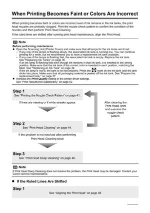 Page 4440Routine Maintenance
When Printing Becomes Fain t or Colors Are Incorrect
When printing becomes faint or colors are incorrect  even if ink remains in the ink tanks, the print 
head nozzles are probably clogged. Print the nozzle c heck pattern to confirm the condition of the 
nozzles and then perform Print Head Cleaning.
If the ruled lines are shifted after running print head maintenance, align the Print Head.
z If the Ruled Lines Are Shifted
Note
Before performing maintenance
zOpen the Scanning Unit...