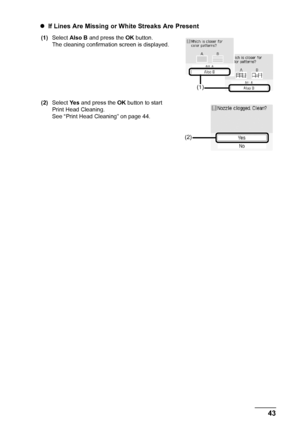 Page 4743
Routine Maintenance
z If Lines Are Missing or White Streaks Are Present
(1) Select  Also B  and press the  OK button.
The cleaning confirmati on screen is displayed.
(2) Select  Ye s and press the  OK button to start 
Print Head Cleaning.
See “Print Head Cleaning” on page 44.
(1)
(2)
 