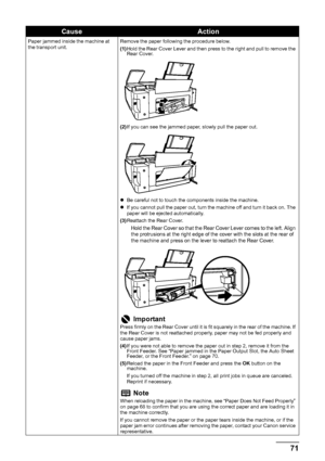 Page 7571
Troubleshooting
Paper jammed inside the machine at 
the transport unit. Remove the paper following the procedure below.
(1)
Hold the Rear Cover Lever and then press to the right and pull to remove the 
Rear Cover.
(2) If you can see the jammed paper, slowly pull the paper out.
z Be careful not to touch the components inside the machine.
z If you cannot pull the paper out, turn the machine off and turn it back on. The 
paper will be ejected automatically.
(3) Reattach the Rear Cover.
Hold the Rear...