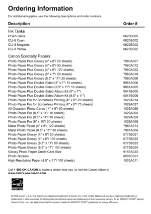 Page 97Getting Help from Canon
Help Us Help You Better
Before you contact Canon, please record the following information.
Serial Number (located on the inside of the product): _________________________________________
Model Number (located on the front of the product): _________________________________________
Setup CD-ROM number (located on the CD-ROM): __________________________________________
Purchase Date: ______________________________________________________________________
Customer Technical Support...