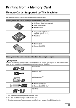 Page 2723 Printing from a Memory Card
Printing from a Memory Card
Memory Cards Supported by This Machine
The following memory cards are compatible with this machine.
*1 Use the special adapter provided with the card.
*2 Use “SD Card Adapter” provided with the card.
*3 Requires purchase of a separate compact flash card adapter for xD-Picture Cards.
Memory cards that can be directly inserted into the Card Slot:
zSD Secure Digital memory card
zSDHC memory card
zMultiMediaCard
zCompact Flash (CF) Card
Supports Type...