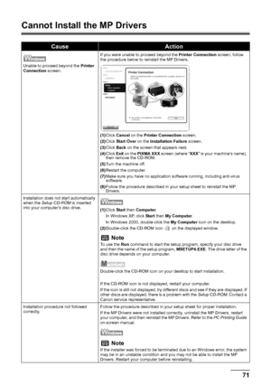 Page 7571 Troubleshooting
Cannot Install the MP Drivers
CauseAction
Unable to proceed beyond the Printer 
Connection screen.If you were unable to proceed beyond the Printer Connection screen, follow 
the procedure below to reinstall the MP Drivers.
(1)Click Cancel on the Printer Connection screen.
(2)Click Start Over on the Installation Failure screen.
(3)Click Back on the screen that appears next.
(4)Click Exit on the PIXMA XXX screen (where “XXX” is your machine’s name), 
then remove the CD-ROM.
(5)Turn the...