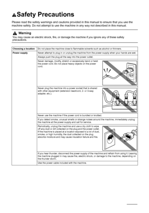 Page 9894Safety Precautions
Safety Precautions
Please read the safety warnings and cautions provided in this manual to ensure that you use the 
machine safely. Do not attempt to use the machine in any way not described in this manual.
Warning
You may cause an electric shock, fire, or damage the machine if you ignore any of these safety 
precautions.
Choosing a locationDo not place the machine close to flammable solvents such as alcohol or thinners.
Power supplyNever attempt to plug in or unplug the machine from...