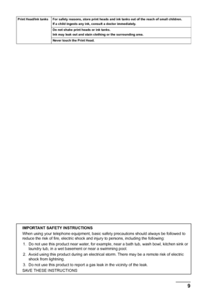 Page 11
9Safety Precautions
Print Head/Ink tanks For safety reasons, store print heads and ink tanks out of the reach of small children. If a child ingests any ink, consult a doctor immediately. 
Do not shake print heads or ink tanks. 
Ink may leak out and stain clothing or the surrounding area. 
Never touch the Print Head. 
IMPORTANT SAFETY INSTRUCTIONS
When using your telephone equipment, basic safe ty precautions should always be followed to 
reduce the risk of fire, electric shock and  injury to persons,...