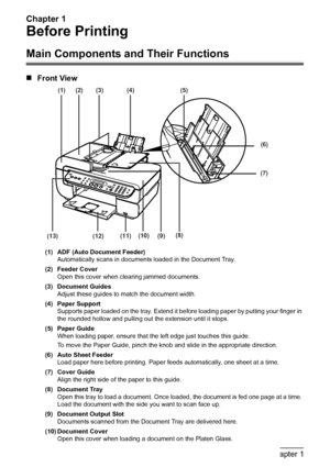 Page 14
Chapter 1
12Chapter 1Before Printing
Before Printing
Main Components and Their Functions
„Front View
(1) ADF (Auto Document Feeder)
Automatically scans in documents loaded in the Document Tray.
(2) Feeder Cover Open this cover when clearing jammed documents.
(3) Document Guides Adjust these guides to match the document width.
(4) Paper Support Supports paper loaded on the tray. Extend it be fore loading paper by putting your finger in 
the rounded hollow and pulling out the extension until it stops.
(5)...