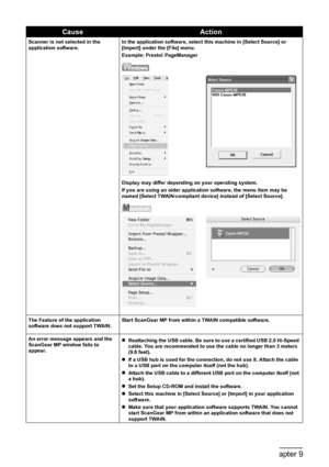 Page 144
142Chapter 9Troubleshooting
Scanner is not selected in the 
application software.In the application software, select this machine in [Select Source] or 
[Import] under the [File] menu.
Example: Presto! PageManager
Display may differ depending on your operating system.
If you are using an older application software, the menu item may be 
named [Select TWAIN-compliant device] instead of [Select Source].
The Feature of the application 
software does not support TWAIN.Start ScanGear MP from within a TWAIN...