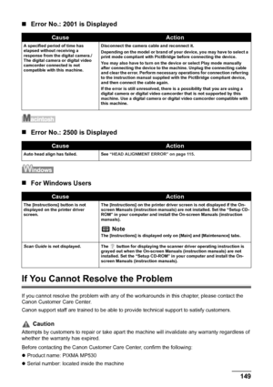 Page 151
Chapter 9 149Troubleshooting
„Error No.: 2001 is Displayed
„Error No.: 2500 is Displayed
„For Windows Users
If You Cannot Re solve the Problem
If you cannot resolve the problem with any of the wo rkarounds in this chapter, please contact the 
Canon Customer Care Center.
Canon support staff are trained to be able to provide technical support to satisfy customers.
Before contacting the Canon Customer Care Center, confirm the following:
z Product name: PIXMA MP530
z Serial number: located inside the...