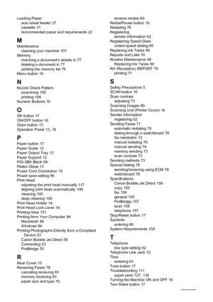Page 172
170Index
Loading Paperauto sheet feeder 27
cassette 31
recommended paper and requirements 22
M
Maintenance cleaning your machine 107
Memory checking a document’s details in
 77
deleting a document in 77
printing the memory list 76
Menu button 16
NNozzle Check Pattern examining 105
printing 104
Numeric Buttons 16
O
OK button 17
ON/OFF button 16
Open button 13
Operation Panel 13, 16
P
Paper button 17
Paper Guide 12
Paper Output Tray 13
Paper Support 12
PGI-5BK Black 98
Platen Glass 13
Power Cord...