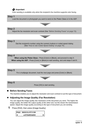 Page 74
72Chapter 4Faxing
„Before Sending Faxes
The machine enables you to adjust the resolution  and scan contrast to suit the type of document.
zAdjusting the Image Quality (Fax Resolution)
You can adjust the image quality (fax resoluti on) of the document you send. The higher the 
image quality, the better the output quality at the other end, but the slower the transmission 
speed. Adjust the image quality according to  the type of document you are sending.
1Press [FAX], then press [Image Quality]....