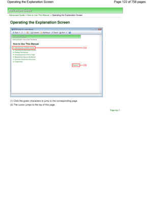 Page 122Advanced Guide > How to Use This Manual > Operating the Explanation Screen
Operating the Explanation Screen
(1) Click the green characters to jump to the corresponding page.
(2) The cursor jumps to the top of this page.
Page top
Page 122 of 758 pages Operating the Explanation Screen
 