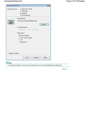 Page 214Note
See Help for details on how to set the background in the Change Background dialog box.
Page top
Page 214 of 758 pages Changing Background
 