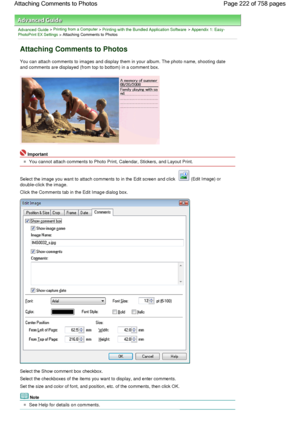 Page 222Advanced Guide > Printing from a Computer > Printing with the Bundled Application Software > Appendix 1: Easy-PhotoPrint EX Settings > Attaching Comments to Photos
Attaching Comments to Photos
You can attach comments to images and display them in your album. The photo name, shooting date
and comments are displayed (from top to bottom) in a comment box.
Important
You cannot attach comments to Photo Print, Calendar, Stickers, and Layout Print.
Select the image you want to attach comments to in the Edit...