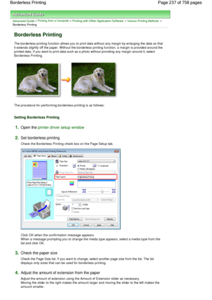 Page 237Advanced Guide > Printing from a Computer > Printing with Other Application Software > Various Printing Methods >
Borderless Printing 
Borderless Printing 
The borderless printing function allows you to print data without any margin by enlarging the data so that
it extends slightly off the paper. Without the borderless printing function, a margin is provided around the
printed data. If you want to print data such as a photo without providing any margin around it, select
Borderless Printing. 
The...