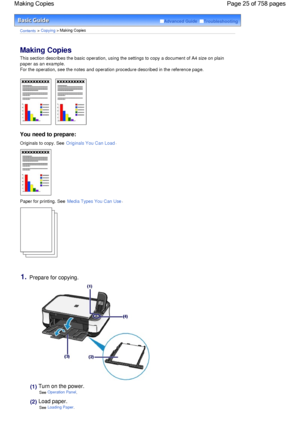 Page 25Advanced Guide  Troubleshooting
Contents > Copying > Making Copies
Making Copies 
This section describes the basic operation, using the settings to copy a document of A4 size on plain
paper as an example.
For the operation, see the notes and operation procedure described in the reference page.
You need to prepare:
Originals to copy. See Originals You Can Load.
Paper for printing. See Media Types You Can Use.
1.Prepare for copying.
(1) Turn on the power.
See Operation Panel.
(2) Load paper.
See Loading...