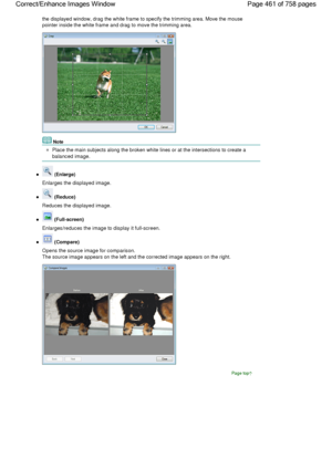 Page 461the displayed window, drag the white frame to specify the trimming area. Move the mouse
pointer inside the white frame and drag to move the trimming area.
Note
Place the main subjects along the broken white lines or at the intersections to create a
balanced image.
 (Enlarge)
Enlarges the displayed image.
 (Reduce)
Reduces the displayed image.
 (Full-screen)
Enlarges/reduces the image to display it full-screen.
 (Compare)
Opens the source image for comparison.
The source image appears on the left and the...